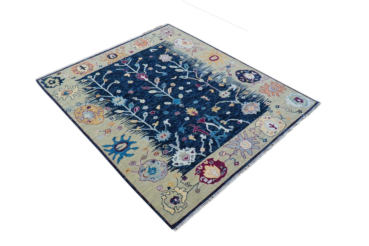 Custom Made Traditional Oushak Blue And Ivory Hand Knotted Wool Rug.