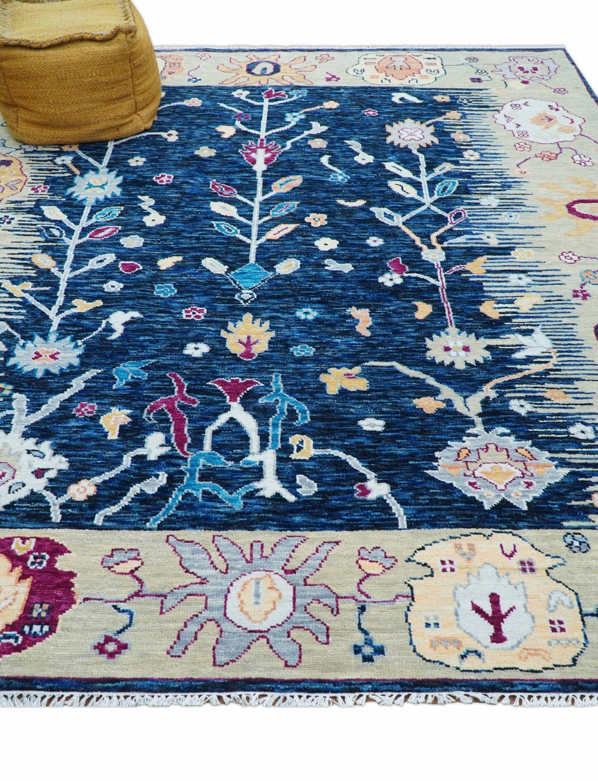 Custom Made Traditional Oushak Blue And Ivory Hand Knotted Wool Rug.