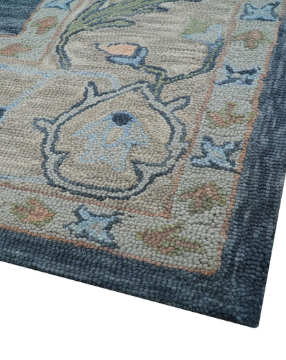Custom Made Traditional Oushak Charcoal And Beige Hand Tufted Wool Area Rug.