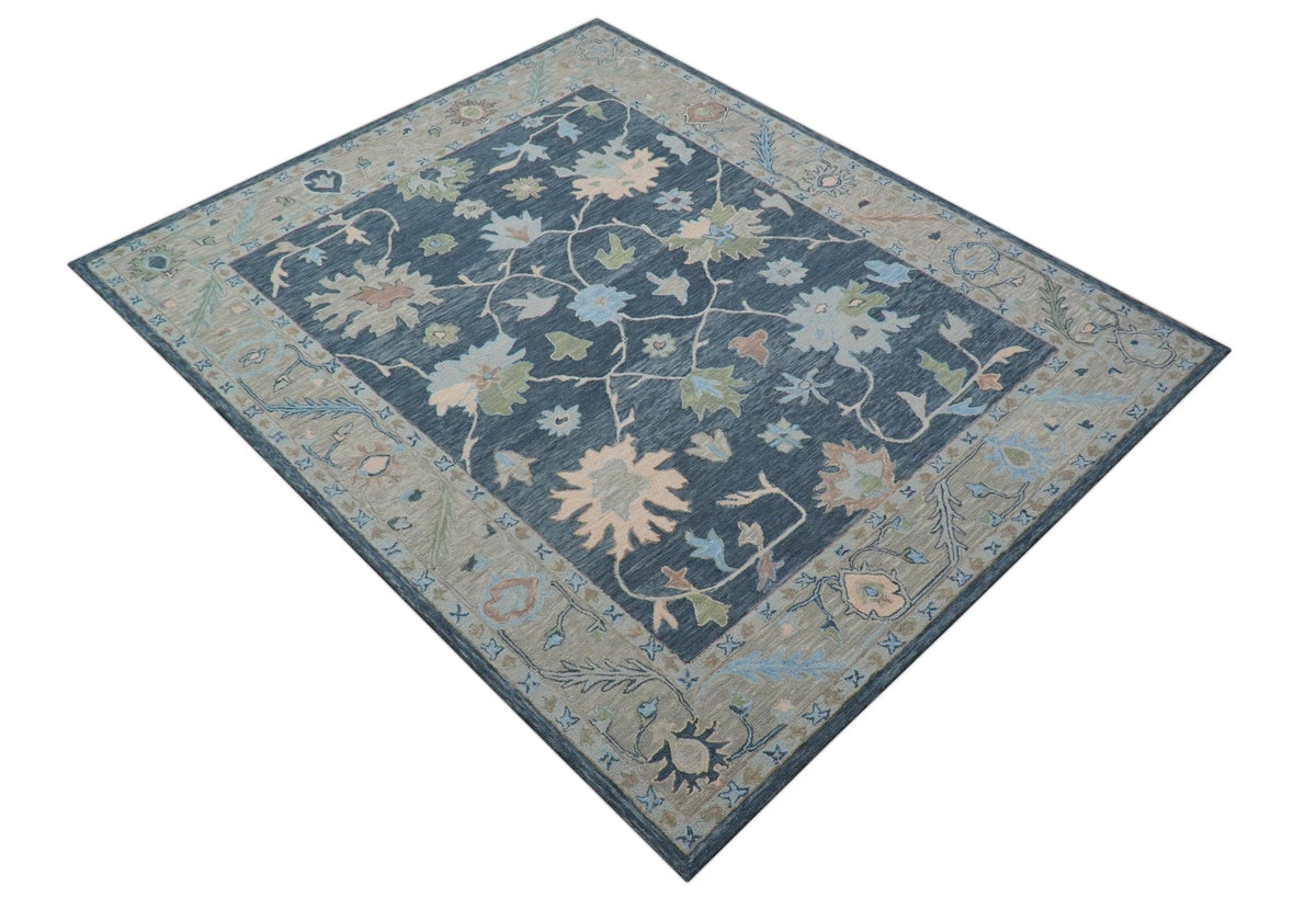 Custom Made Traditional Oushak Charcoal And Beige Hand Tufted Wool Area Rug.