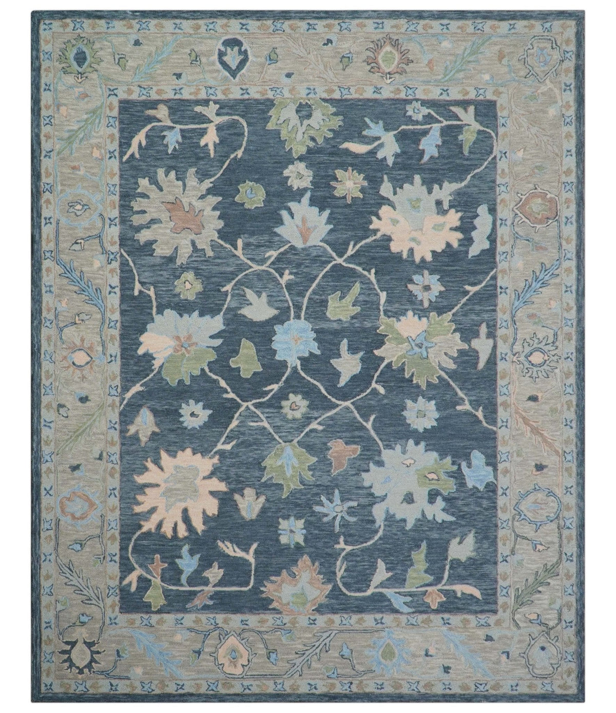 Custom Made Traditional Oushak Charcoal And Beige Hand Tufted Wool Area Rug.
