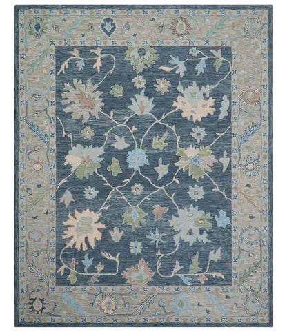Custom Made Traditional Oushak Charcoal And Beige Hand Tufted Wool Area Rug.