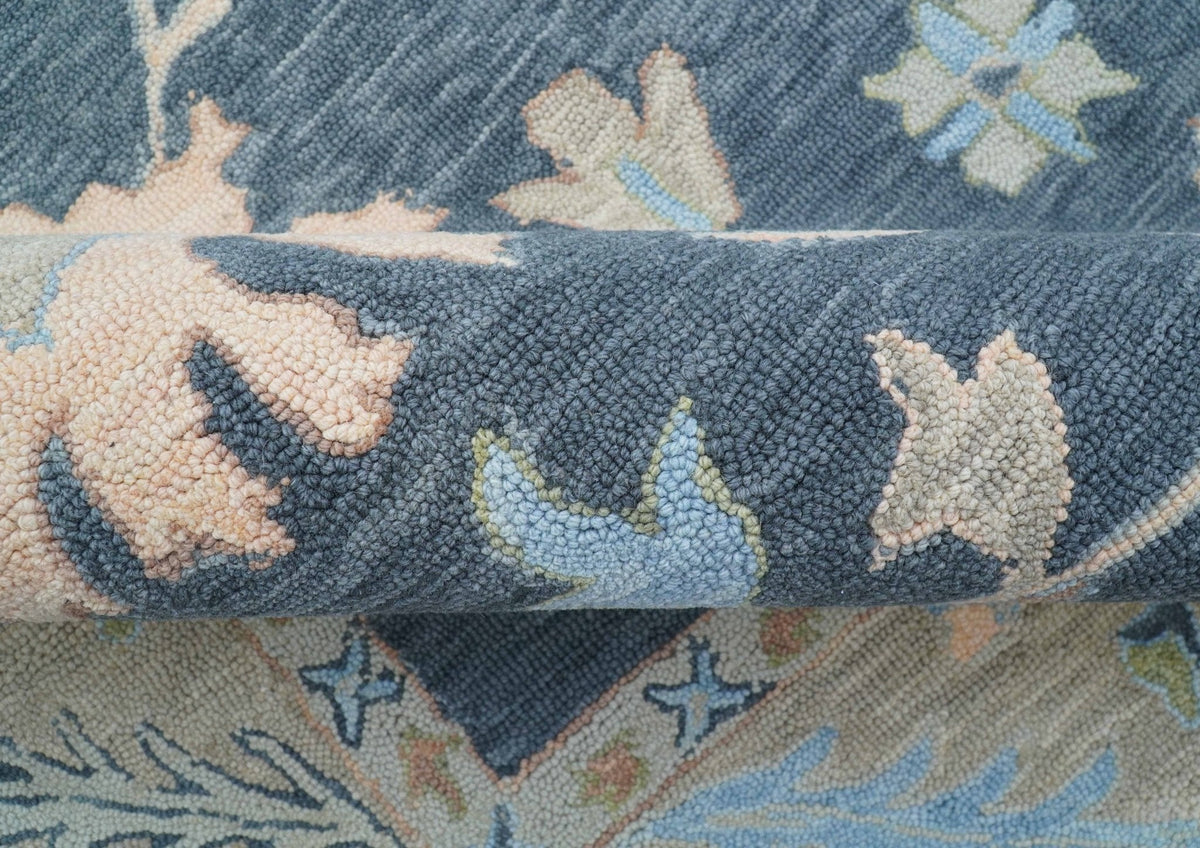 Custom Made Traditional Oushak Charcoal And Beige Hand Tufted Wool Area Rug.