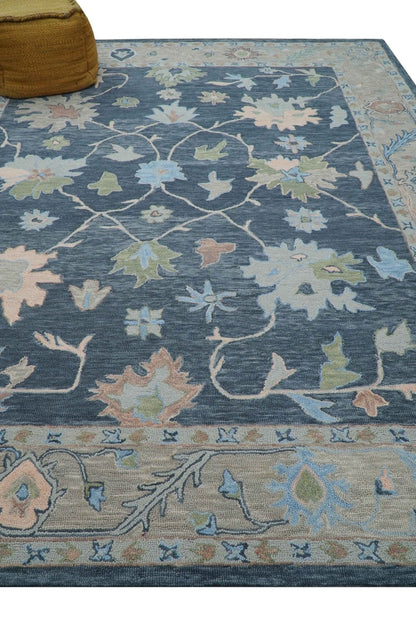 Custom Made Traditional Oushak Charcoal And Beige Hand Tufted Wool Area Rug.