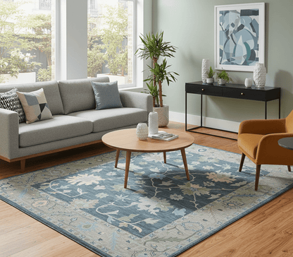 Custom Made Traditional Oushak Charcoal And Beige Hand Tufted Wool Area Rug.