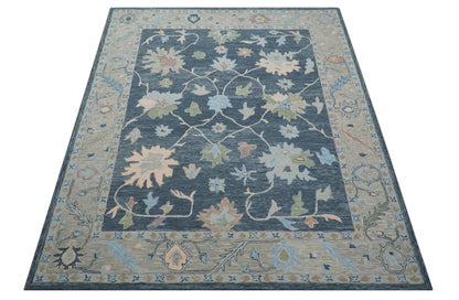 Custom Made Traditional Oushak Charcoal And Beige Hand Tufted Wool Area Rug.