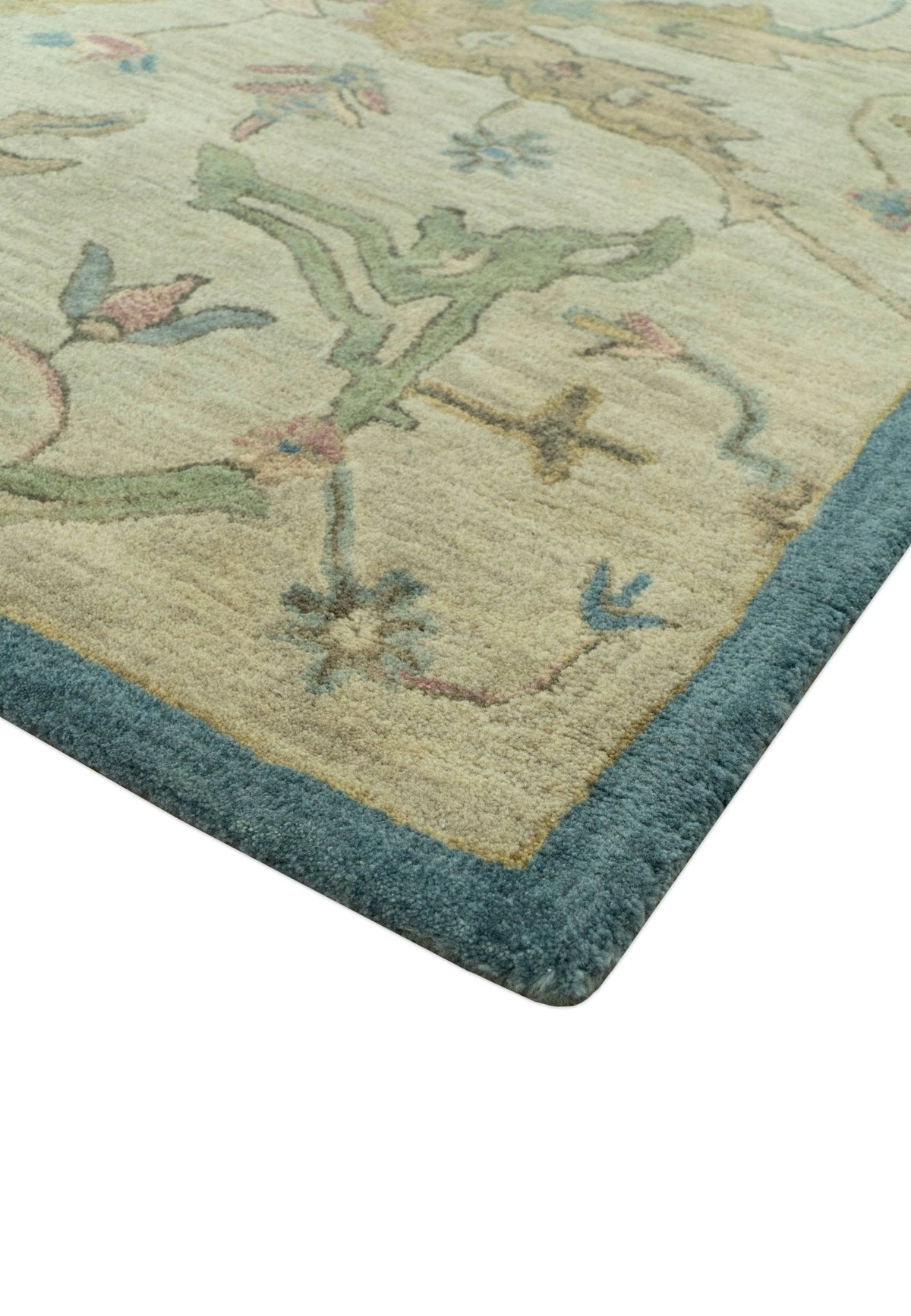 Custom Made Traditional Oushak Design Beige And Blue Hand Tufted Wool Area Rug.