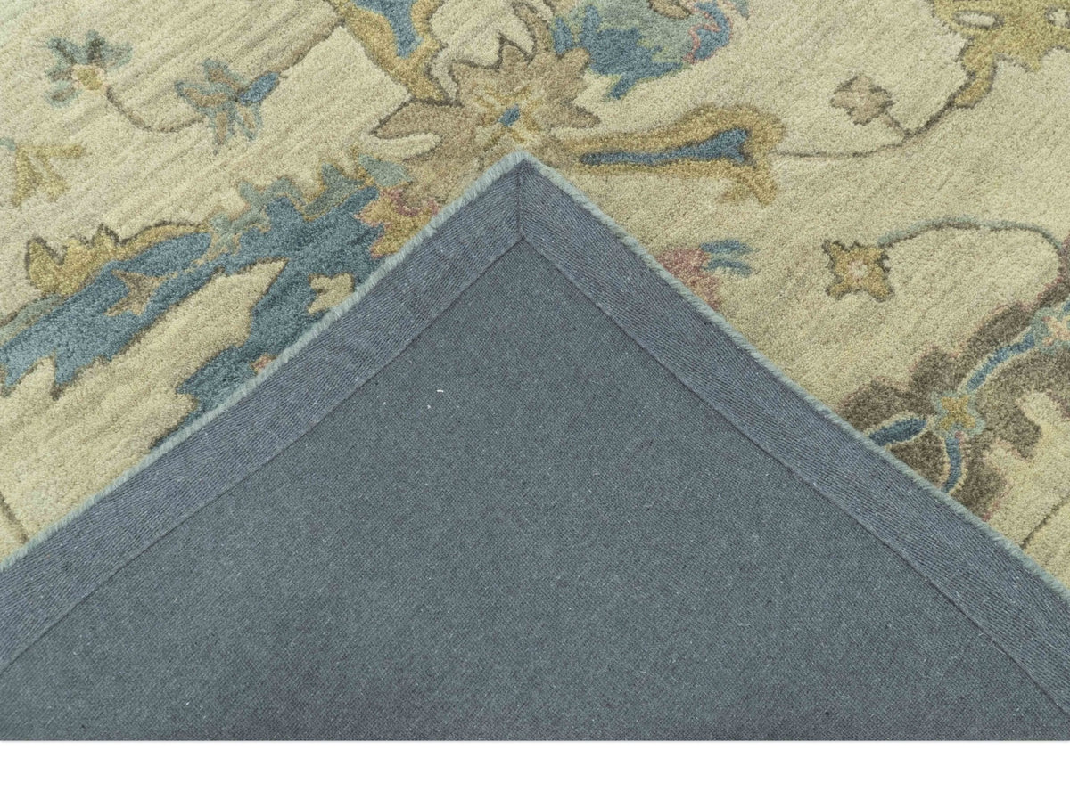 Custom Made Traditional Oushak Design Beige And Blue Hand Tufted Wool Area Rug.