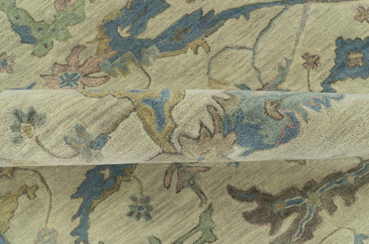Custom Made Traditional Oushak Design Beige And Blue Hand Tufted Wool Area Rug.