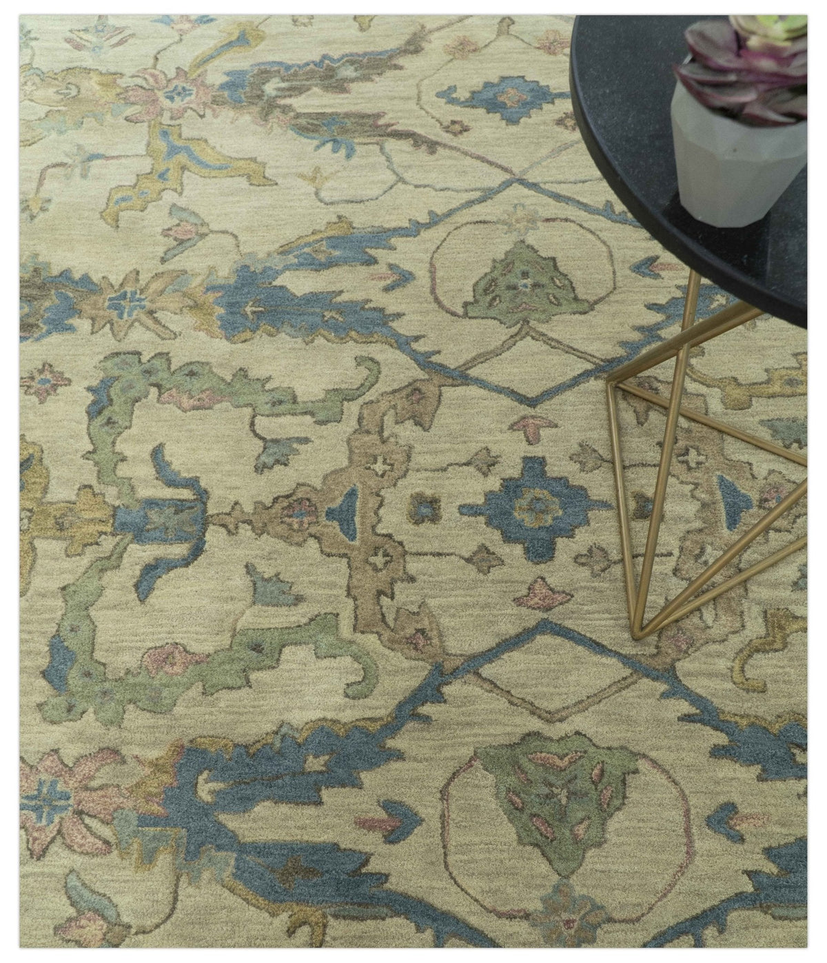 Custom Made Traditional Oushak Design Beige And Blue Hand Tufted Wool Area Rug.