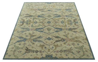 Custom Made Traditional Oushak Design Beige And Blue Hand Tufted Wool Area Rug.
