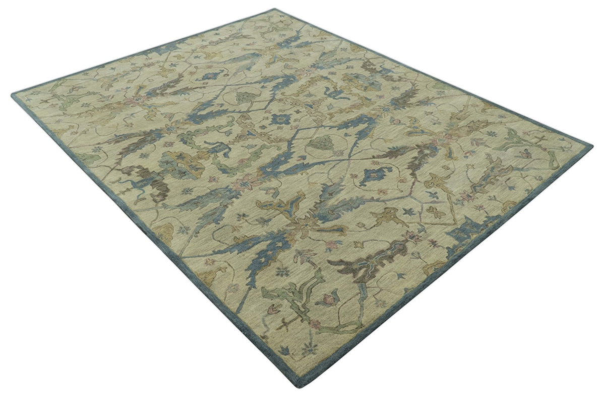 Custom Made Traditional Oushak Design Beige And Blue Hand Tufted Wool Area Rug.
