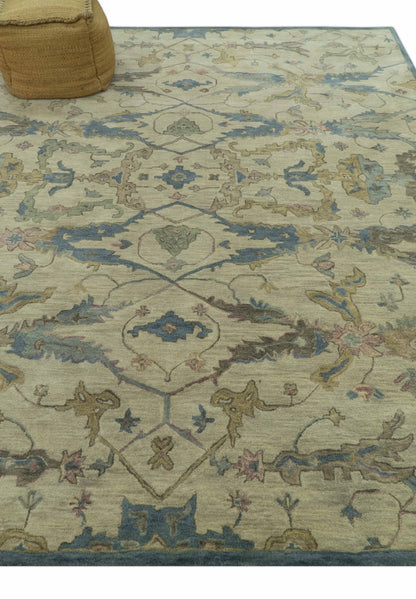 Custom Made Traditional Oushak Design Beige And Blue Hand Tufted Wool Area Rug.
