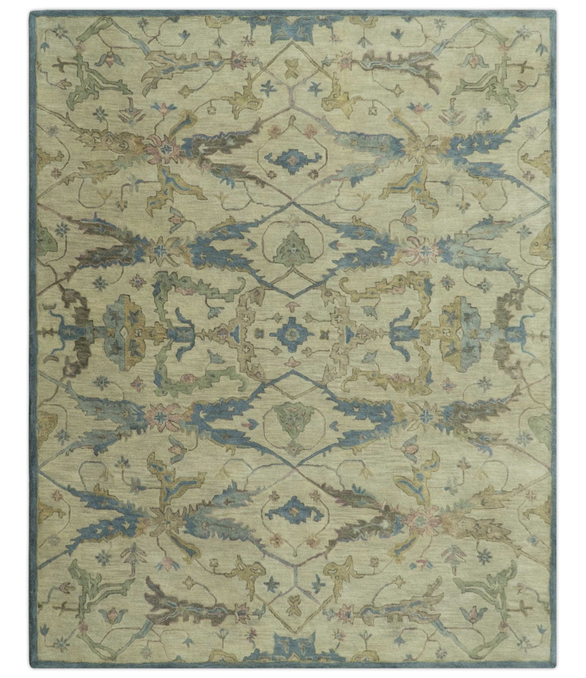 Custom Made Traditional Oushak Design Beige And Blue Hand Tufted Wool Area Rug.