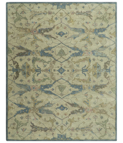 Custom Made Traditional Oushak Design Beige And Blue Hand Tufted Wool Area Rug.