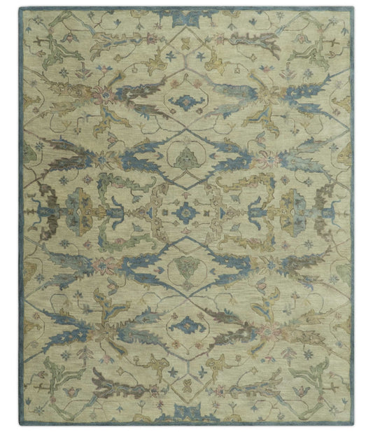 Custom Made Traditional Oushak Design Beige And Blue Hand Tufted Wool Area Rug.