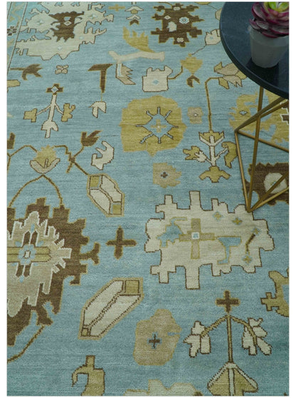 Custom Made Traditional Oushak Design Blue Hand Knotted Wool Area Rug.