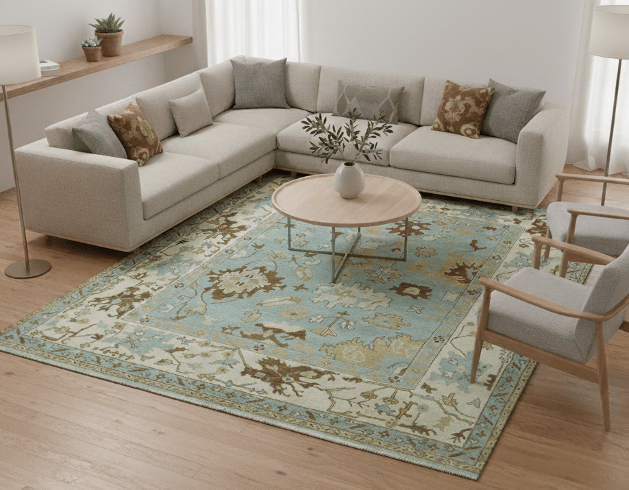 Custom Made Traditional Oushak Design Blue Hand Knotted Wool Area Rug.