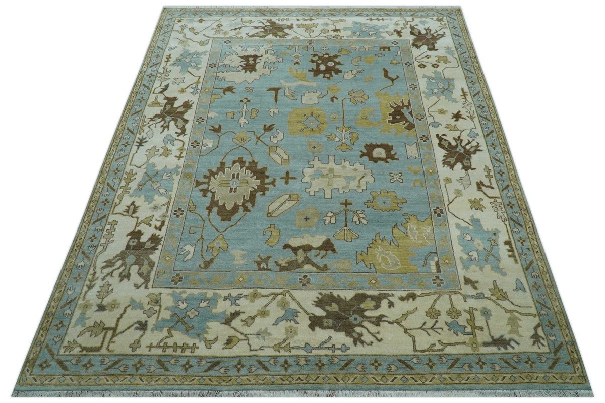 Custom Made Traditional Oushak Design Blue Hand Knotted Wool Area Rug.