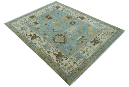 Custom Made Traditional Oushak Design Blue Hand Knotted Wool Area Rug.