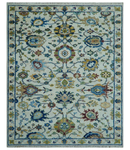 Custom Made Traditional Oushak Design Ivory And Blue Hand Knotted Wool Area Rug.