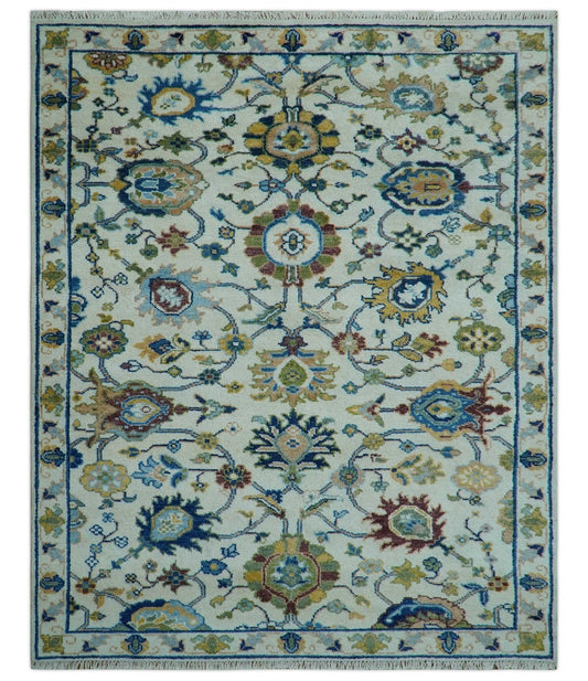 Custom Made Traditional Oushak Design Ivory And Blue Hand Knotted Wool Area Rug.