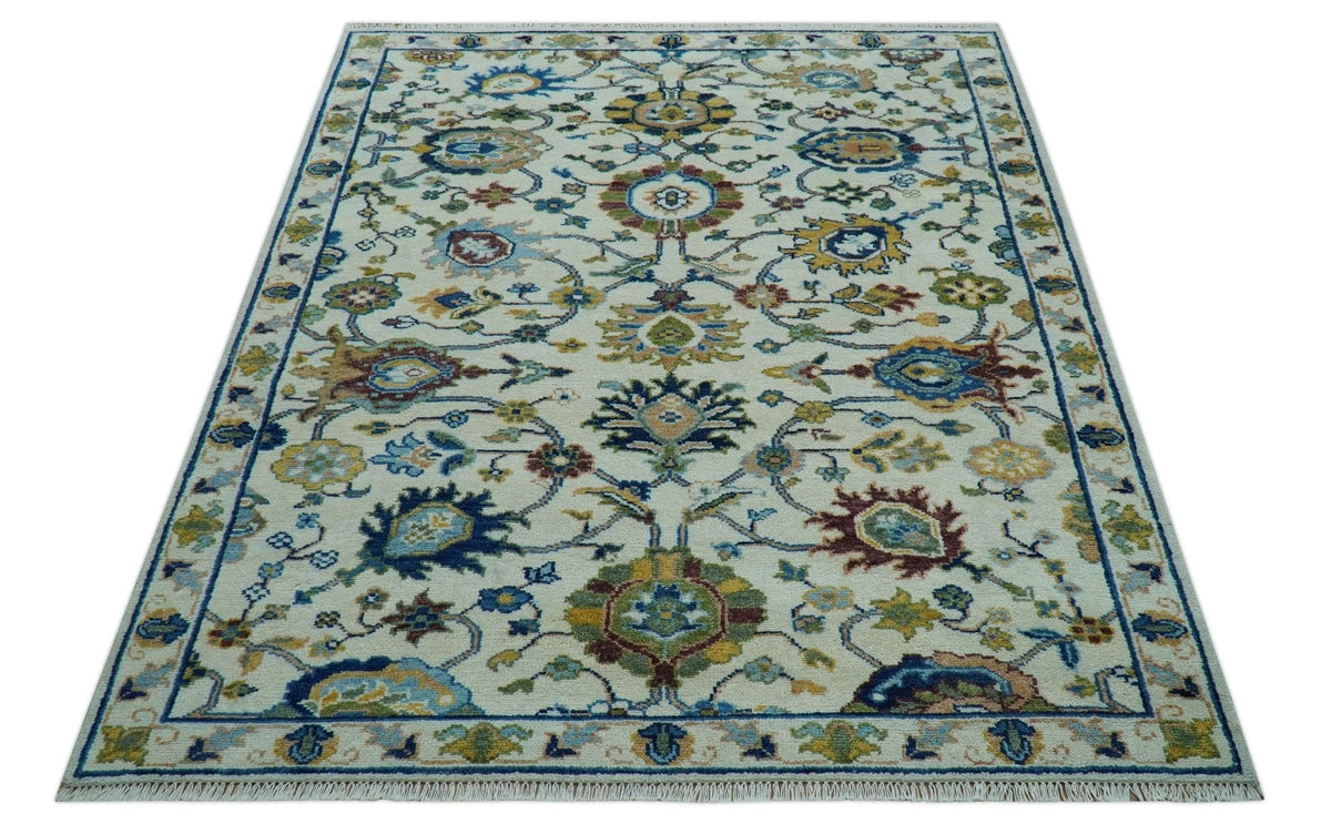 Custom Made Traditional Oushak Design Ivory And Blue Hand Knotted Wool Area Rug.