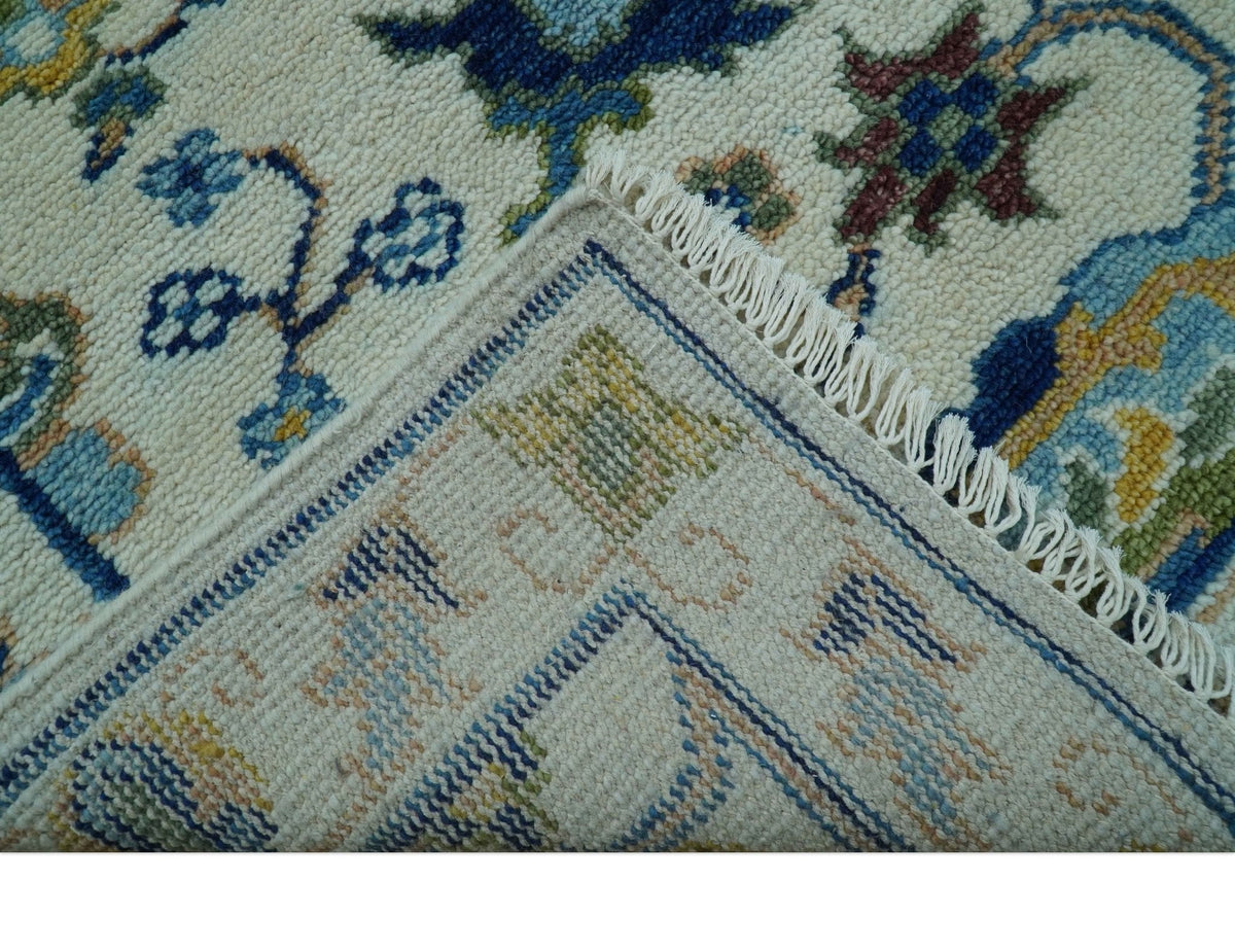 Custom Made Traditional Oushak Design Ivory And Blue Hand Knotted Wool Area Rug.