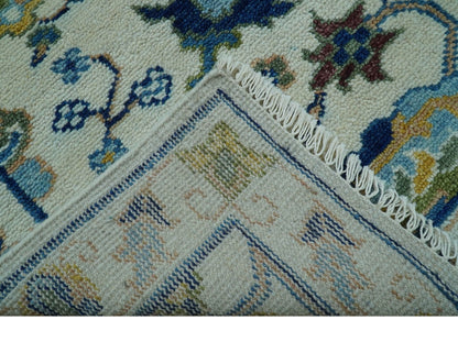 Custom Made Traditional Oushak Design Ivory And Blue Hand Knotted Wool Area Rug.