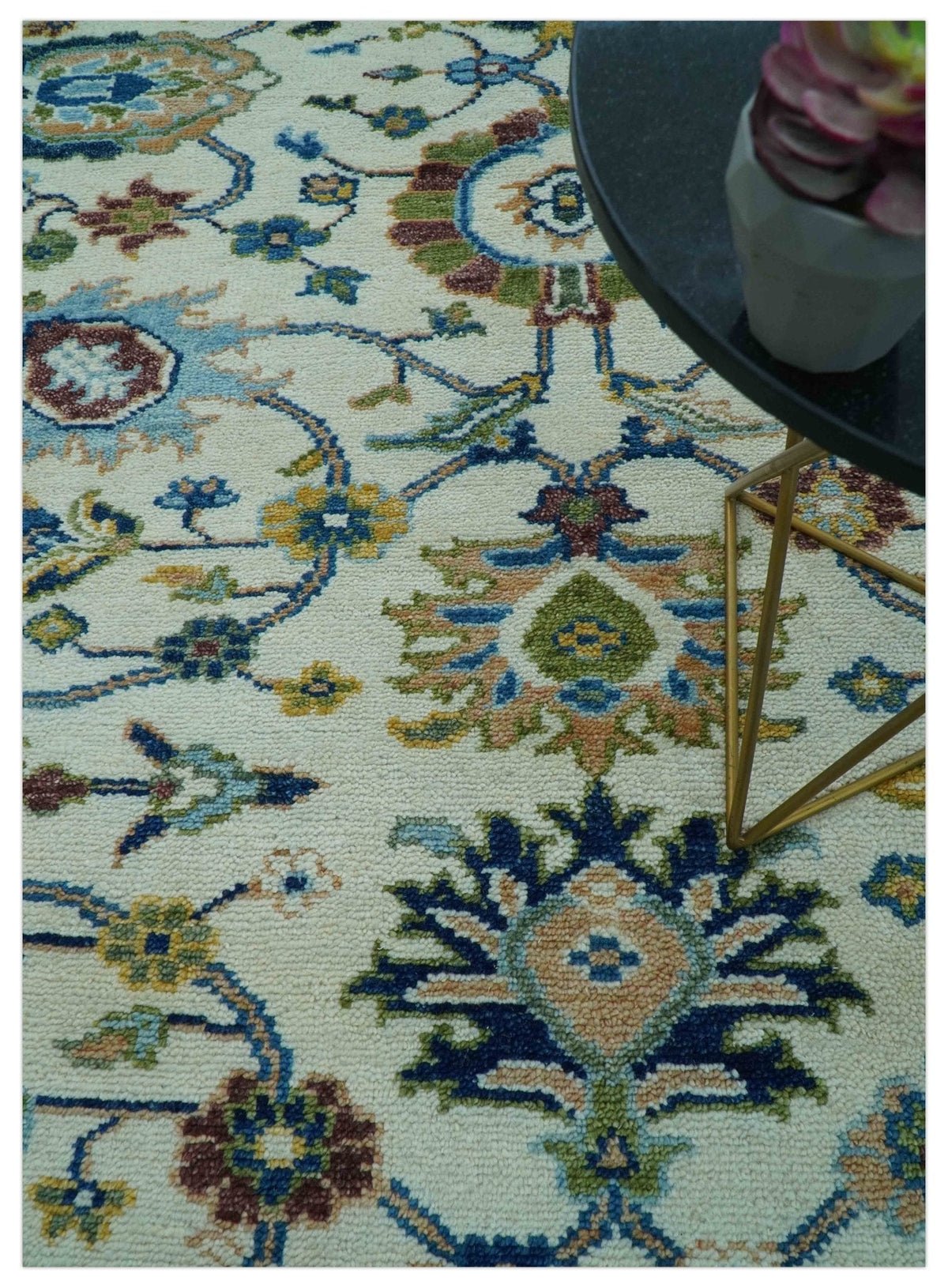 Custom Made Traditional Oushak Design Ivory And Blue Hand Knotted Wool Area Rug.