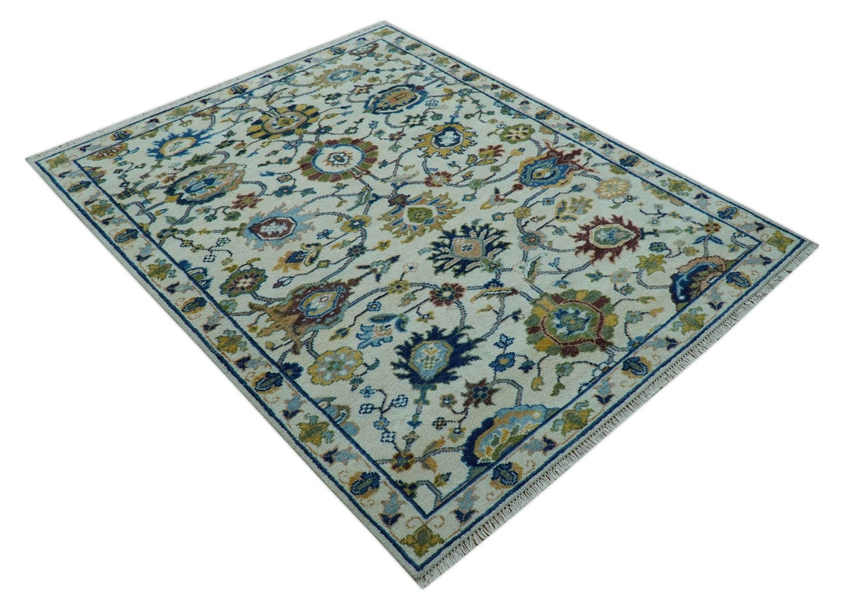 Custom Made Traditional Oushak Design Ivory And Blue Hand Knotted Wool Area Rug.