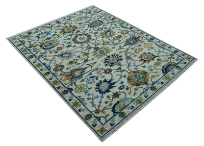 Custom Made Traditional Oushak Design Ivory And Blue Hand Knotted Wool Area Rug.