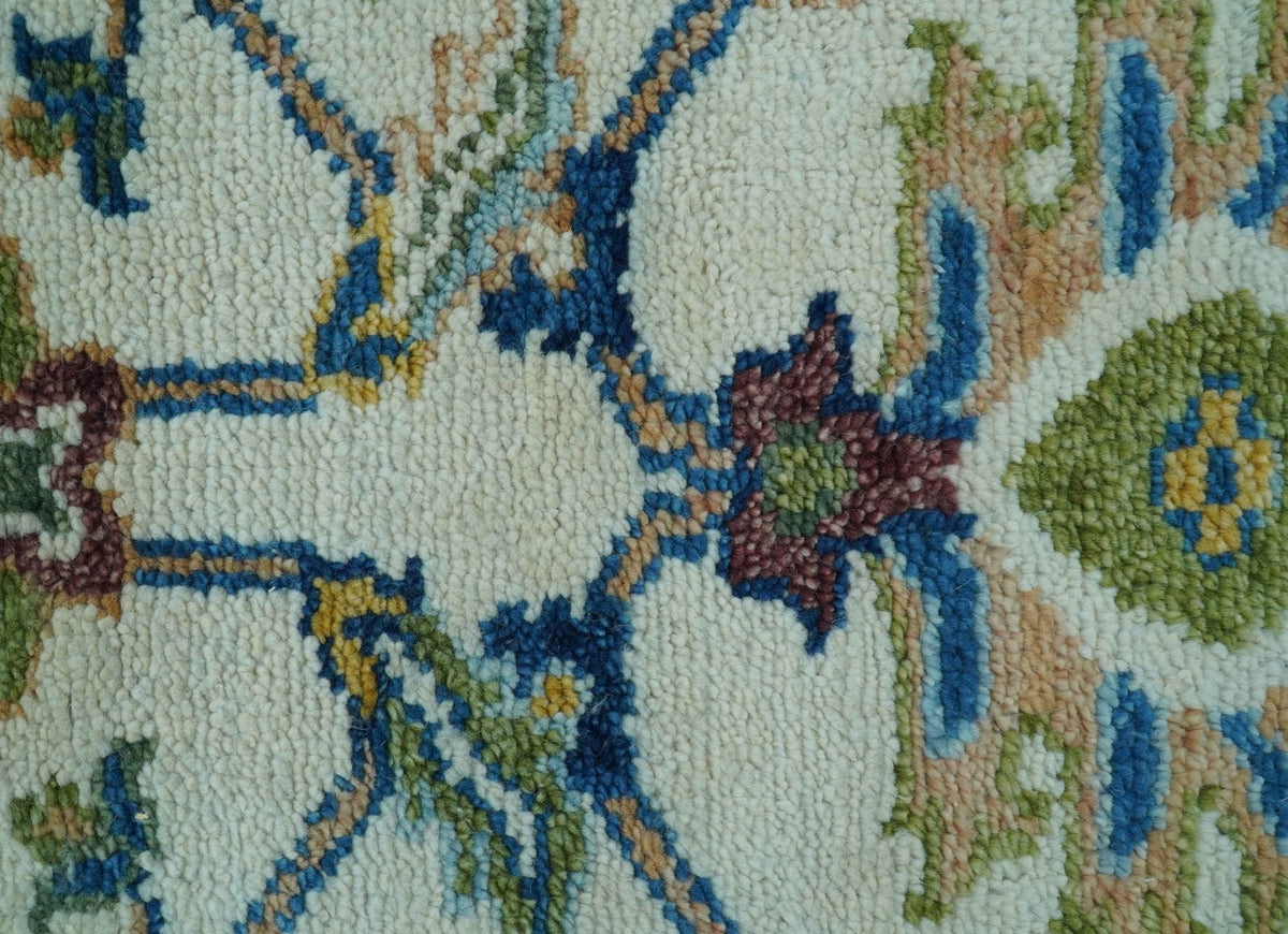 Custom Made Traditional Oushak Design Ivory And Blue Hand Knotted Wool Area Rug.