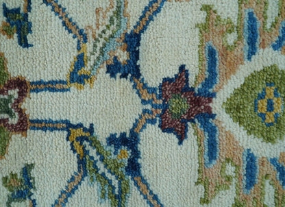 Custom Made Traditional Oushak Design Ivory And Blue Hand Knotted Wool Area Rug.