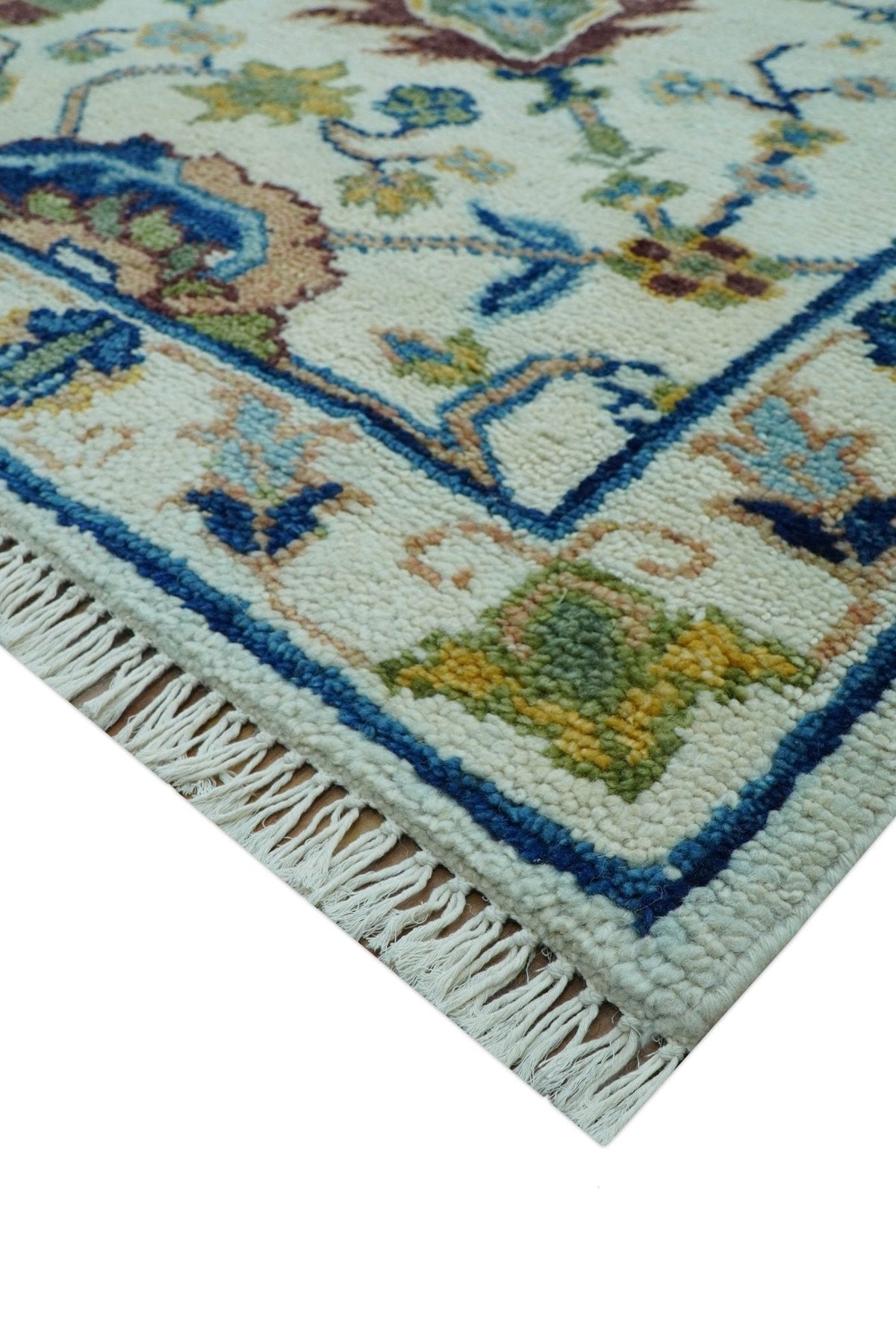 Custom Made Traditional Oushak Design Ivory And Blue Hand Knotted Wool Area Rug.