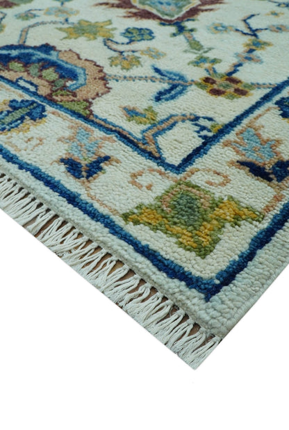 Custom Made Traditional Oushak Design Ivory And Blue Hand Knotted Wool Area Rug.