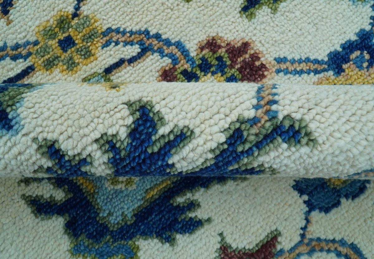 Custom Made Traditional Oushak Design Ivory And Blue Hand Knotted Wool Area Rug.