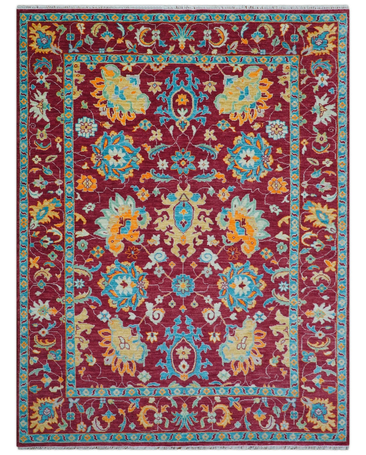 Custom Made Traditional Oushak Design Maroon Hand Knotted Wool Area Rug.