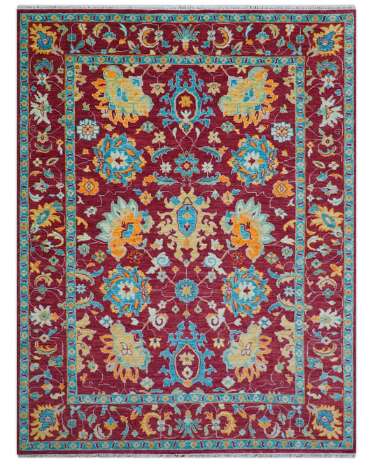 Custom Made Traditional Oushak Design Maroon Hand Knotted Wool Area Rug.