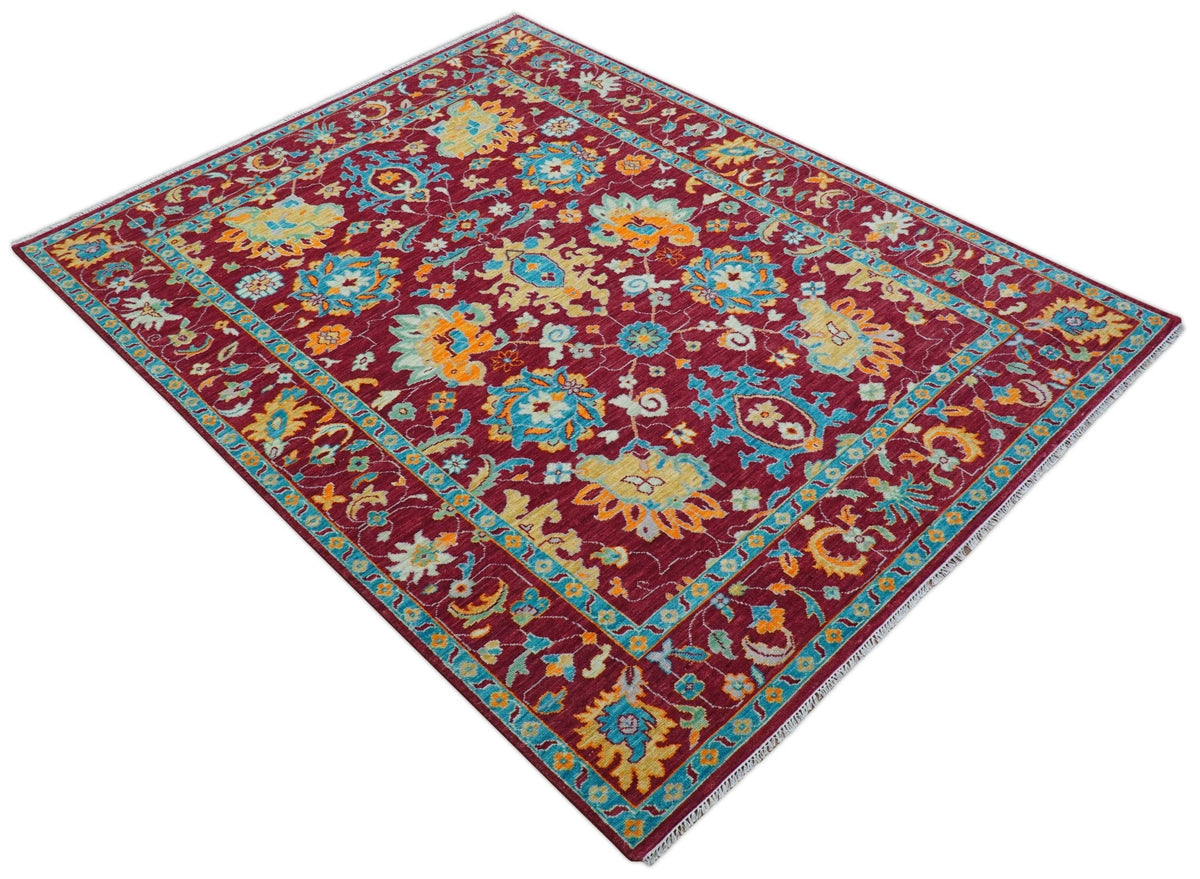 Custom Made Traditional Oushak Design Maroon Hand Knotted Wool Area Rug.