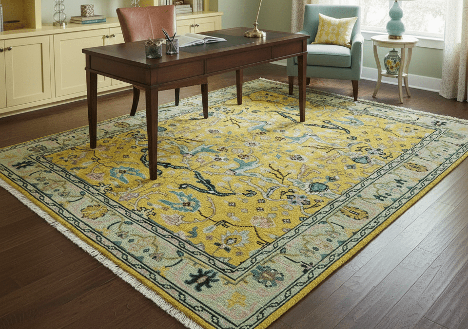 Custom Made Traditional Oushak Design mustard Hand Knotted Wool Area Rug.