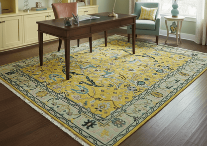 Custom Made Traditional Oushak Design mustard Hand Knotted Wool Area Rug.