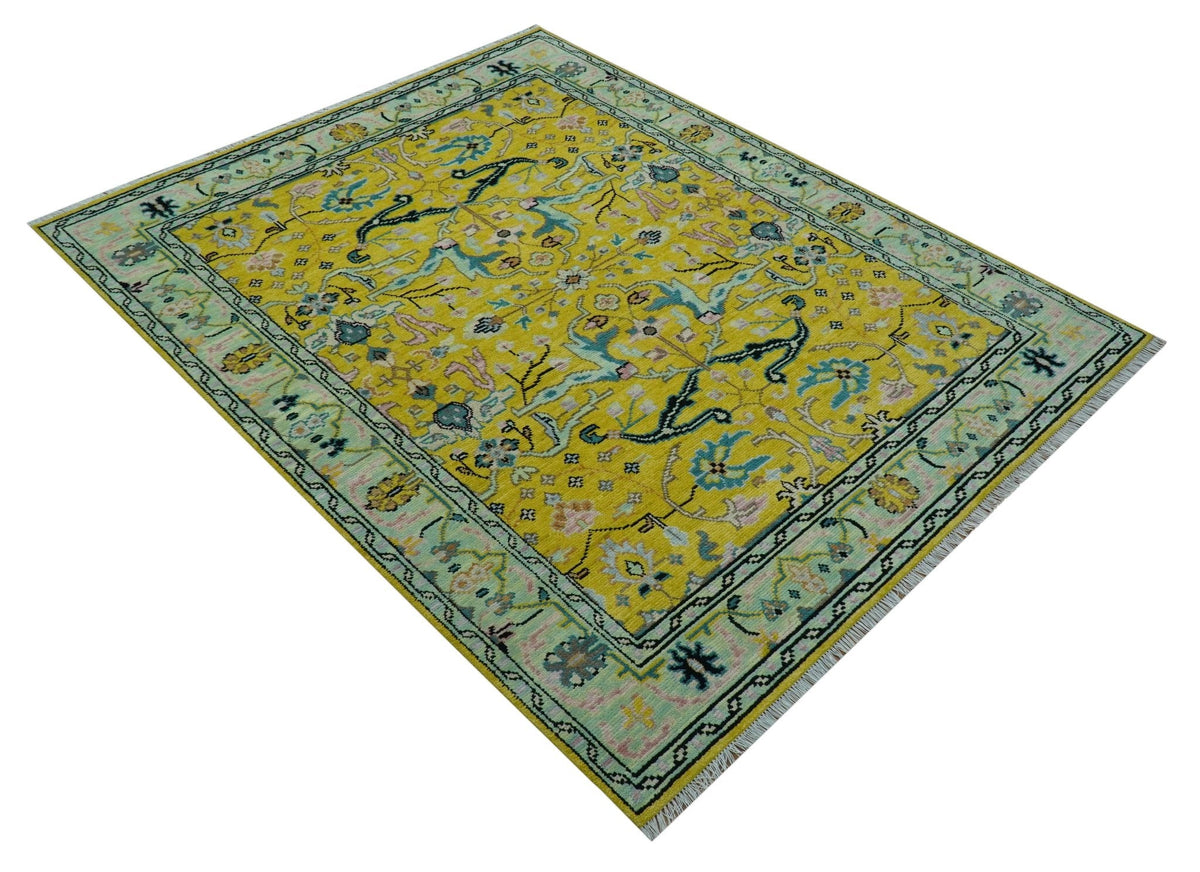 Custom Made Traditional Oushak Design mustard Hand Knotted Wool Area Rug.