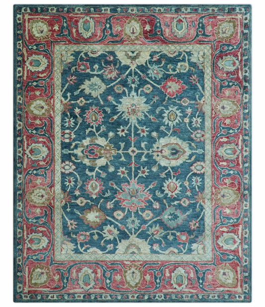 Custom Made Traditional Oushak Design Teal Hand Tufted Wool  Rug.