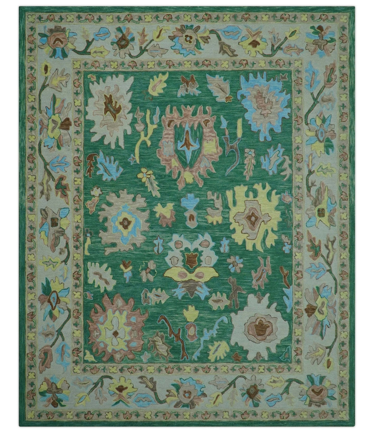 Custom Made Traditional Oushak Green Hand Tufted Wool Area Rug.