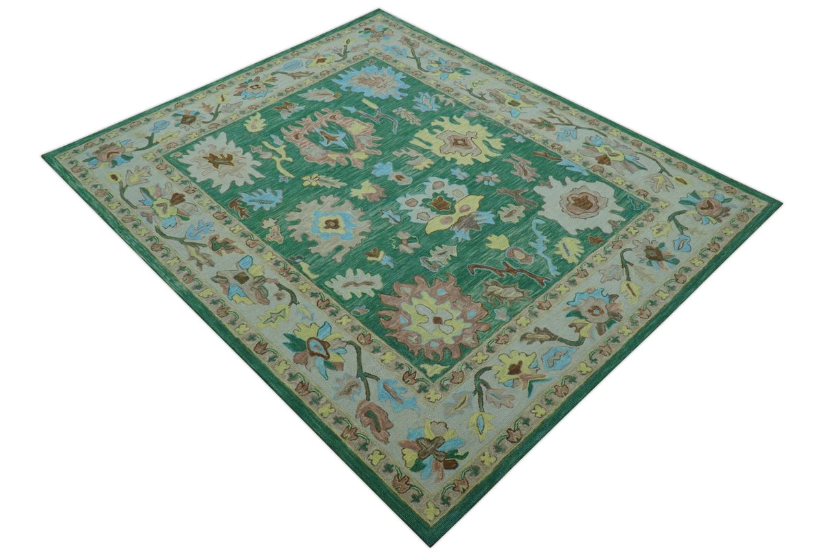 Custom Made Traditional Oushak Green Hand Tufted Wool Area Rug.