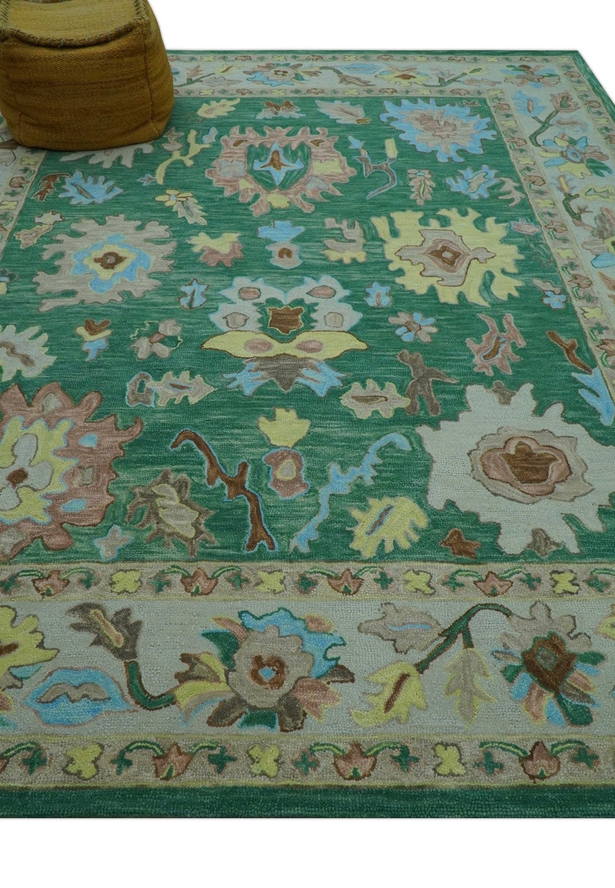 Custom Made Traditional Oushak Green Hand Tufted Wool Area Rug.