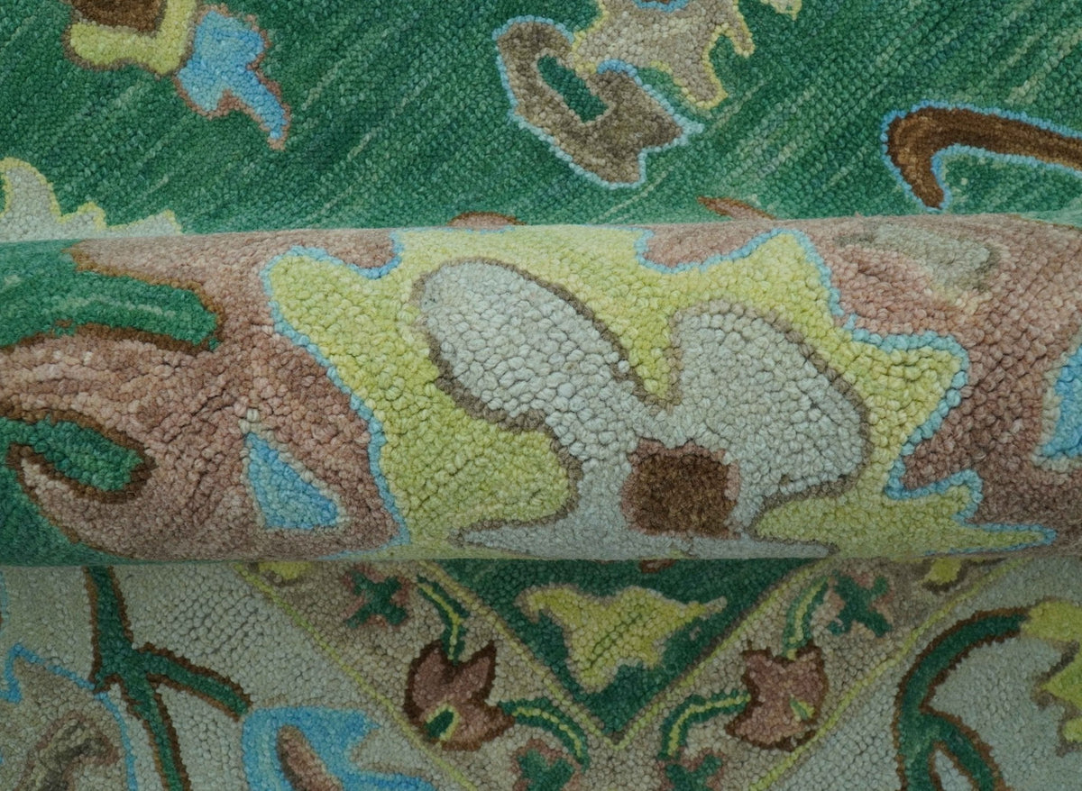 Custom Made Traditional Oushak Green Hand Tufted Wool Area Rug.