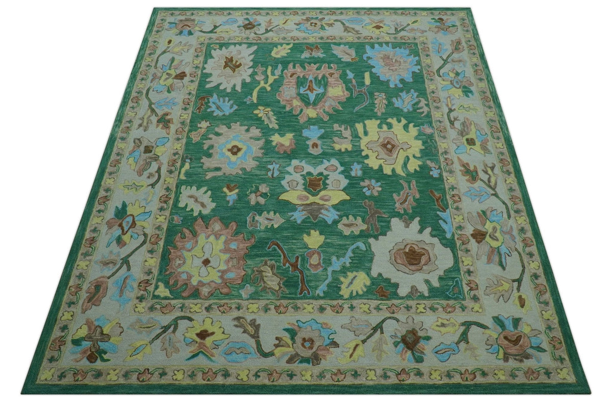 Custom Made Traditional Oushak Green Hand Tufted Wool Area Rug.