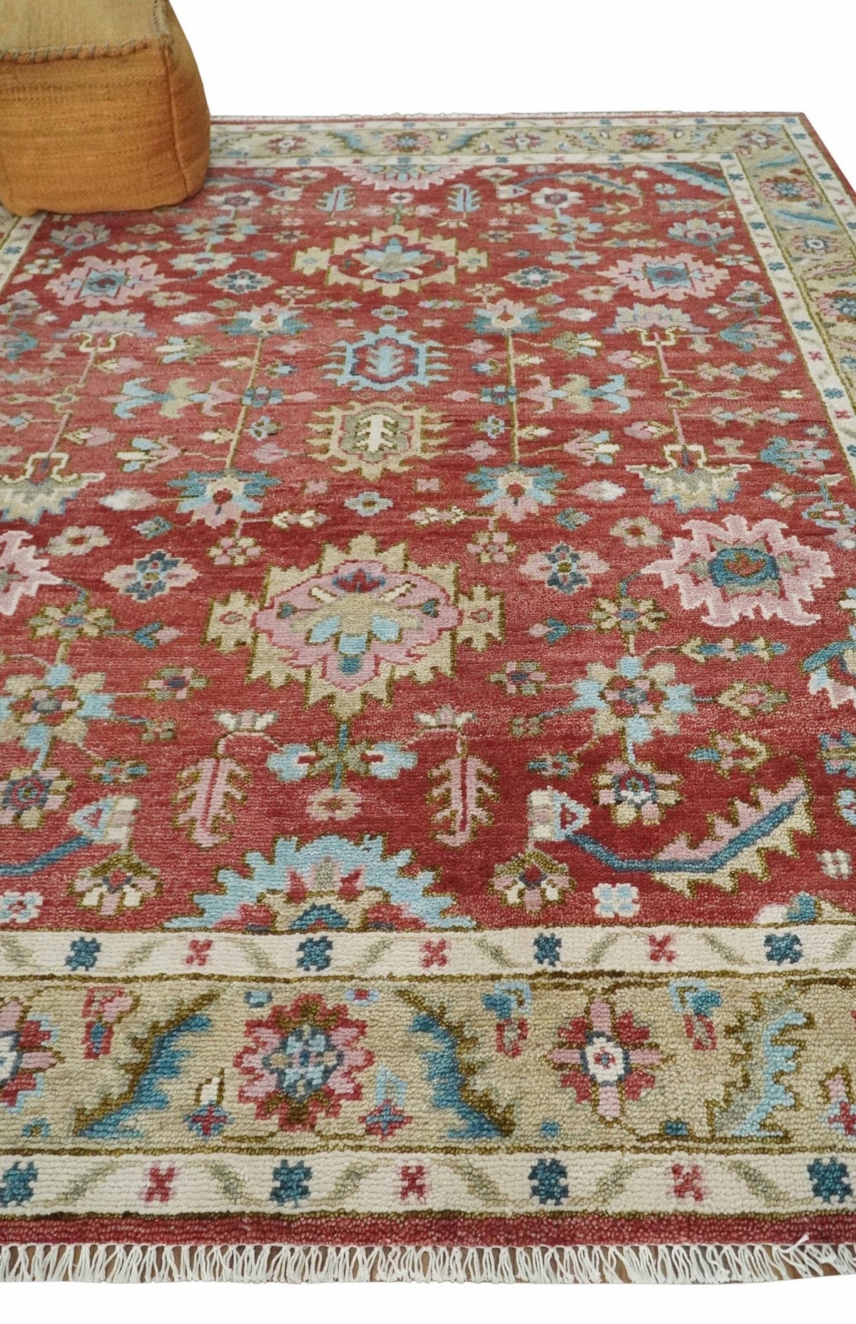 Custom Made Traditional Oushak Rust, Beige and Teal Hand knotted wool Area Rug.